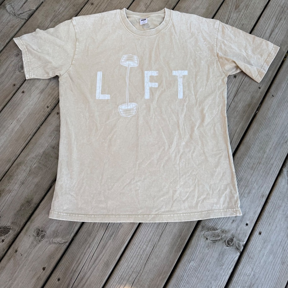 Digiprint Apparel Lift Barbell Graphic Tee Tan Acid Wash Gym Shirt Mens Medium